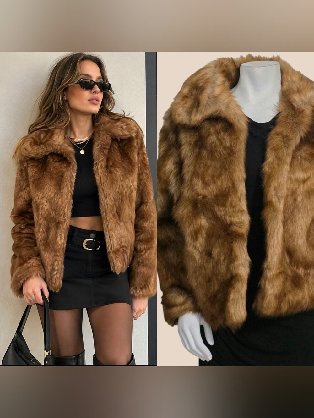 Abercombrie & Fitch Women's Faux Fur Brown Jacket - Luxe Cropped Coat Size L NWT